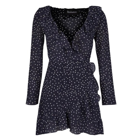 591. REALISATION Par Alexandra Blue Star Print Silk Ruffle Wrap Mini Dress Sz L - Picture 1 of 4